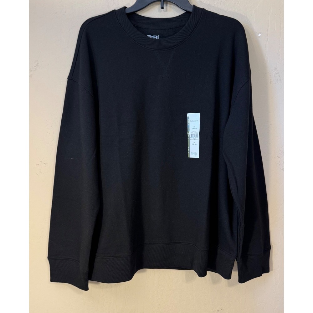 Time and Tru Sweatshirt Women XL Black Relaxed Fit Fleece Crewneck Black NEW